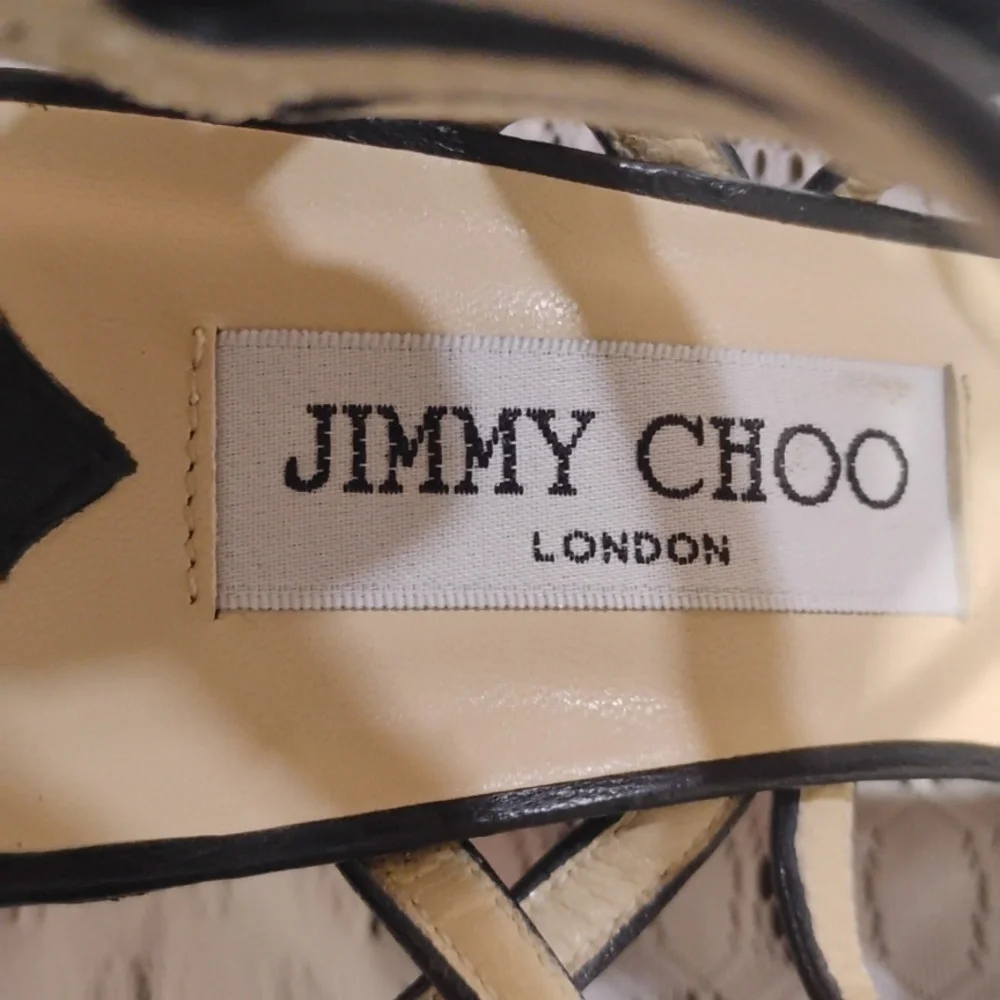 Authentic Jimmy Choo Black Leather Opaque Flower Cage Sandals - Picture 9 of 13